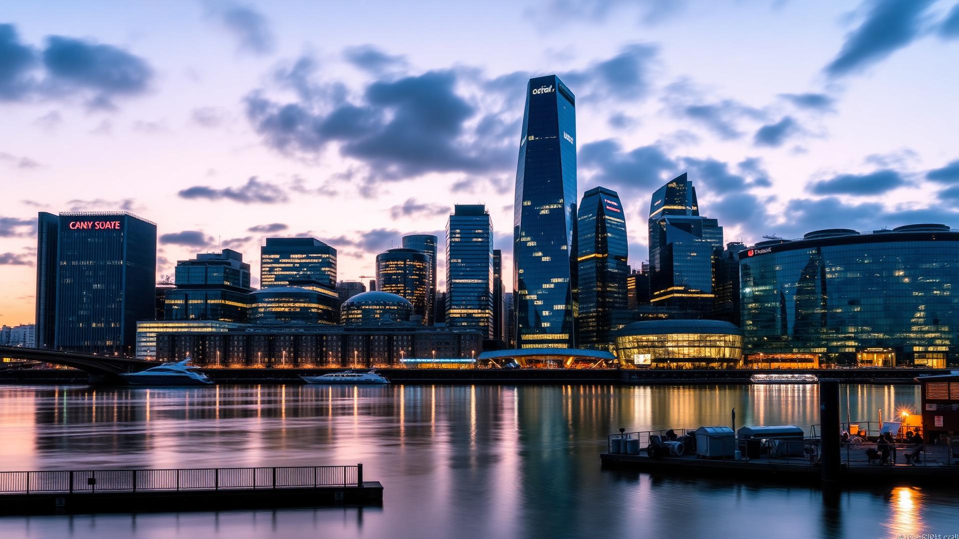 Canary Wharf skyline in East London at dusk