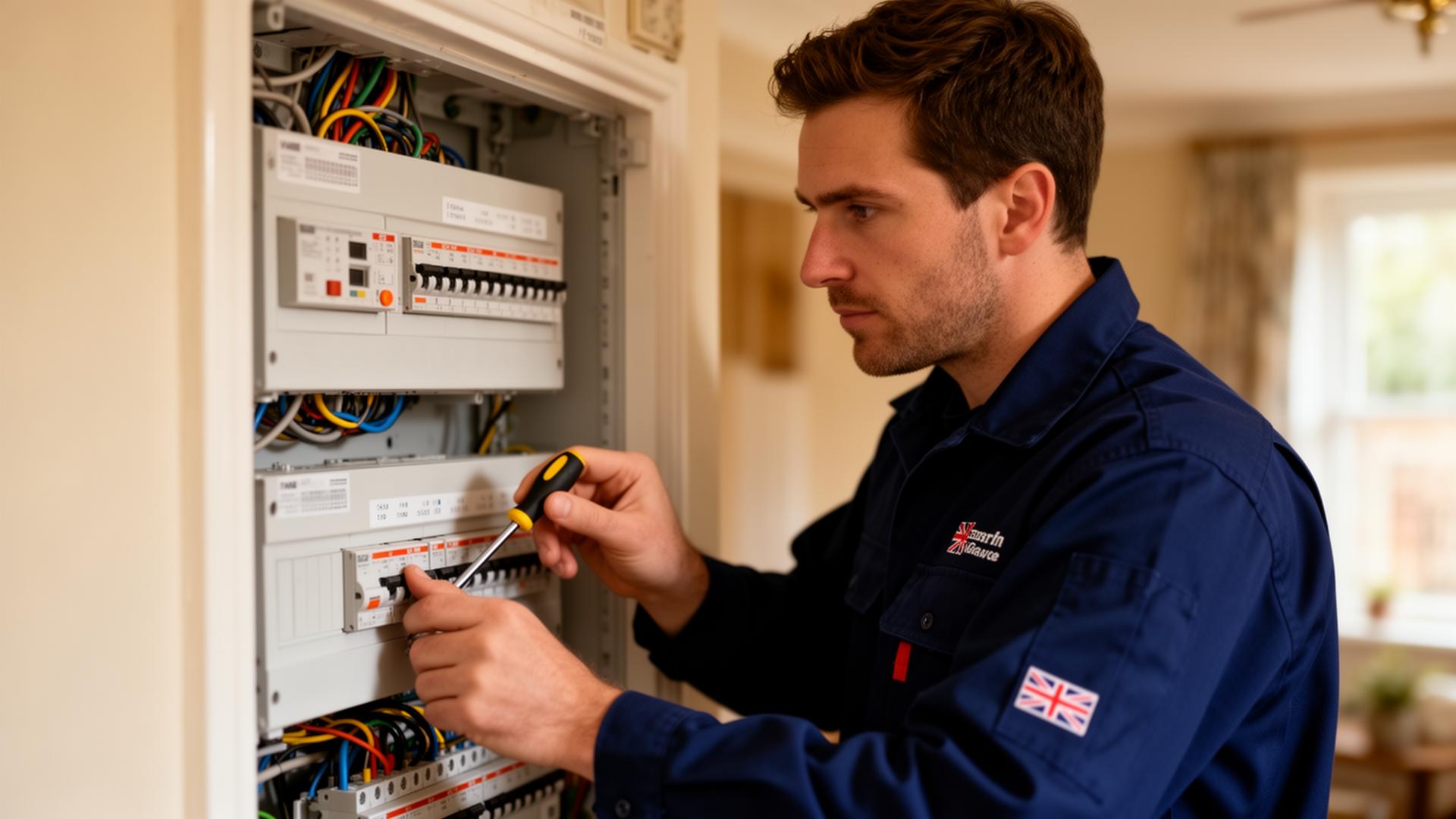 UK electrician working on a consumer unit fuse box in a London home