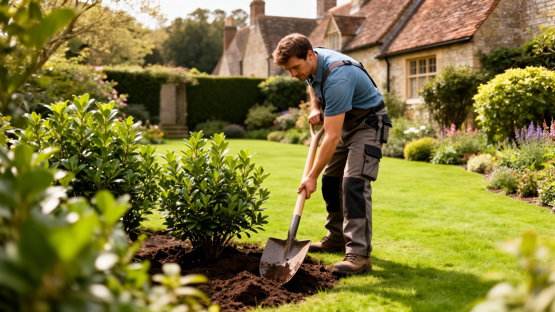 UK landscaper planting shrubs in a traditional English garden
