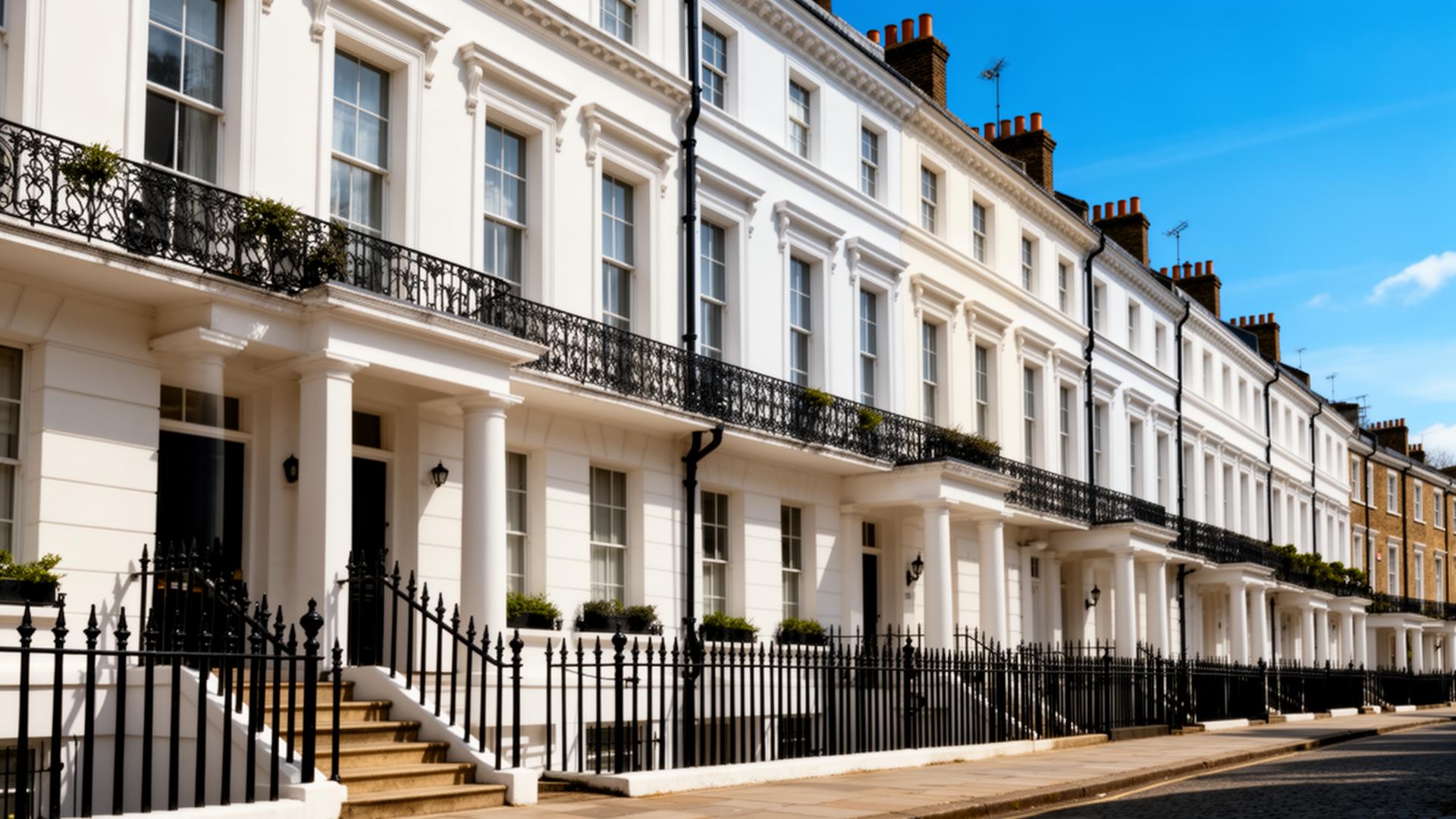 Row of classic white stucco London terraced houses on a residential street