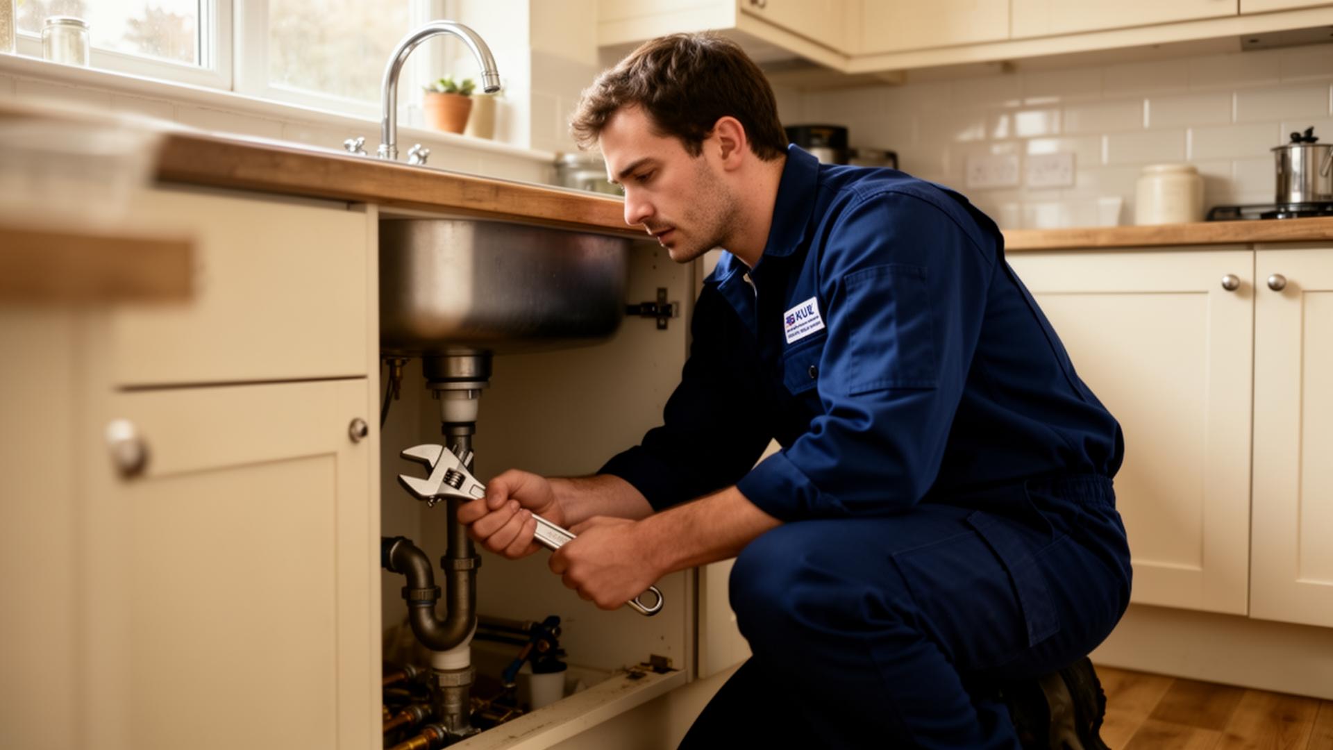 UK plumber in navy uniform fixing pipework under a kitchen sink