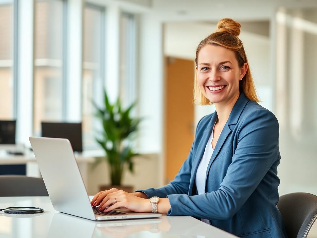 Cheap Websites London — Friendly health consultant smiling at laptop, Pay Monthly Website Plan