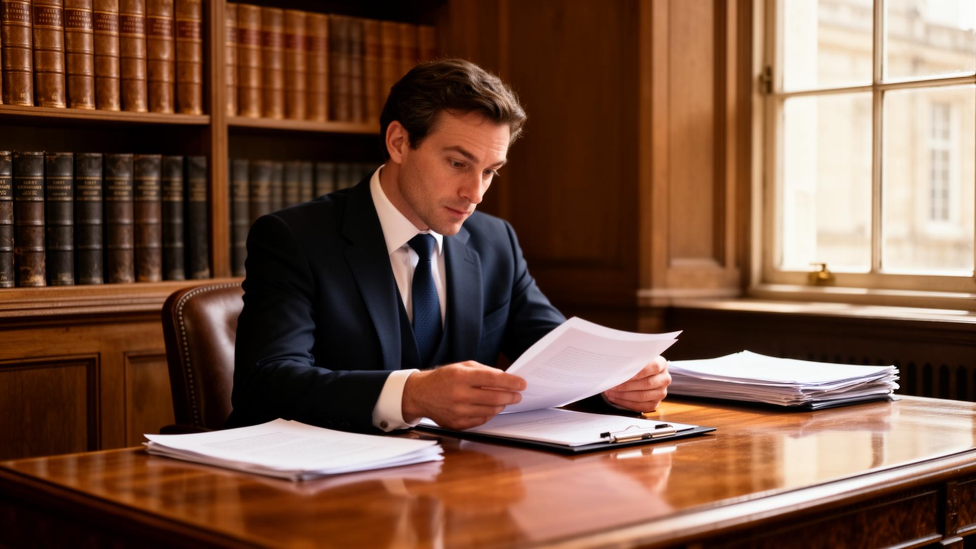UK solicitor reviewing legal documents at a desk in a London law office